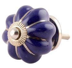 Navy Blue With Silver Line Medium Ceramic Melon Knob